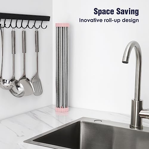 Tomorotec Roll Up Dish Drying Rack Over Sink, 304 Steel, 17.7x15.5, Pink - color: Pink, size: 17.7 x 15.5 in