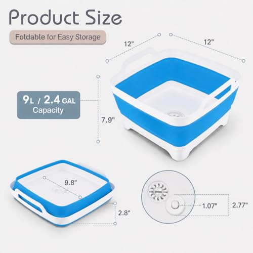 Collapsible Dish Basin with Drain Plug, Foldable Wash Basin 2.4 Gal (9L) - color: Blue