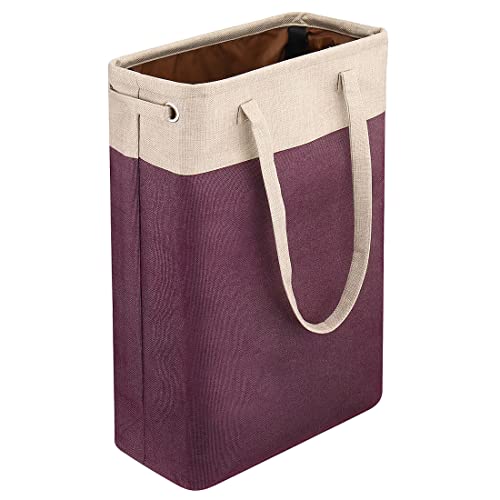 Laundry Basket with Handles Beige&Burgundy Slim Laundry Bin Collapsible Dirty Clothes Basket Narrow Laundry Bag Foldable Dirty Hamper for Camping, Dorms, Apartments - color: Beige&Burgundy