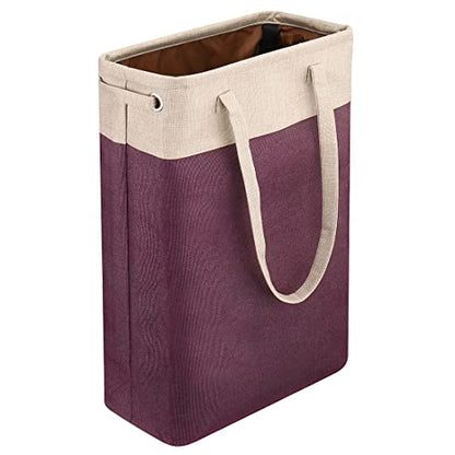 Laundry Basket with Handles Beige&Burgundy Slim Laundry Bin Collapsible Dirty Clothes Basket Narrow Laundry Bag Foldable Dirty Hamper for Camping, Dorms, Apartments - color: Beige&Burgundy
