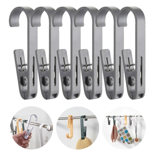 6Pcs Laundry Hooks with Clips Hanger Closet Organizer Clamps Hanging Socks Boot Bras Towels Shower Pegs for Bathroom Wardrobe Kitchen Office Holders Clothes Pins Outdoor, Grey - color: Gray