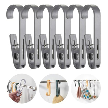 6Pcs Laundry Hooks with Clips Hanger Closet Organizer Clamps Hanging Socks Boot Bras Towels Shower Pegs for Bathroom Wardrobe Kitchen Office Holders Clothes Pins Outdoor, Grey - color: Gray