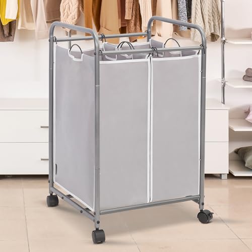STORAGE MANIAC Laundry Sorter 2 Section, 90 L Gal Laundry Hamper with Wheels, Clothes Basket Separator Sorter, 2 Bag Rolling Cart and Removable Bags for Closet, Dorm, Collage, Grey - color: Gray, size: 2 Section