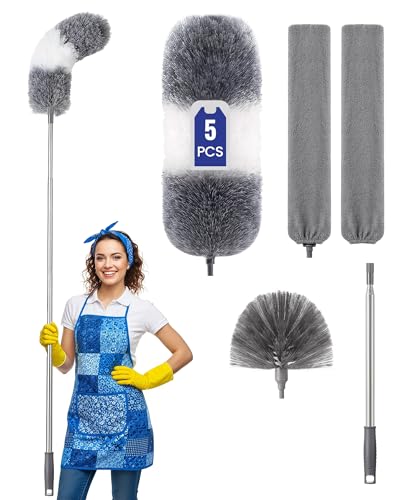 Extra-Long Dusters Kits with Extension Pole, Cobweb Duster, Microfiber Dusting Clothes for Gap, 5 in 1 Cleaning Tools with Extendable Long Handle, Blinds, High Ceilings and Fans, Cars and Furniture