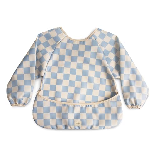 mushie Long Sleeve Baby Bib | Water Resistant Adjustable Fit - color: Blue Check