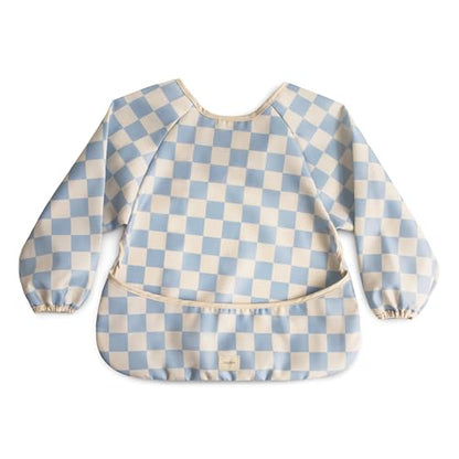 mushie Long Sleeve Baby Bib | Water Resistant Adjustable Fit - color: Blue Check