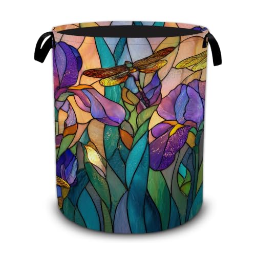 Tulip Dragonfly Glass Laundry Basket,Foldable Oxford Laundry Hamper with Handles,Portable Clothes Tote Bag Clothes Storage Bucket Organizer 20.8" x16" For Bathroom/Laundry Storage/Bedroom - color: Tulip Dragonfly Glass