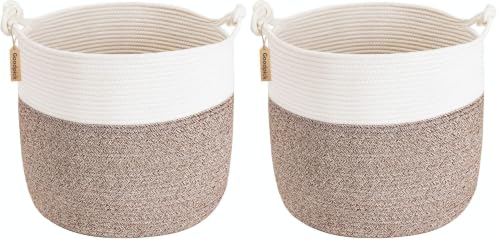 Goodpick Woven Laundry Basket, 15 x 14.2 Inches Cotton Rope Basket for Blankets, Soft Blanket Storage Baskets with Handles for Living Room, Woven Toy Storage Organizer for Nursery, Brown (Pack of 2) - color: Brown, size: 15 × 14.2 inches (Pack of 2)