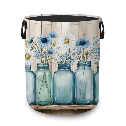 Laundry Basket,Blue Mason Jars Foldable Clothes Hamper with Handles,Daisy Flowers Waterproof Oxford Cloth Storage Organizer for Bedroom Bathroom College Dorm,16" x 20" - color: Blue Mason Jars,Daisy Flowers