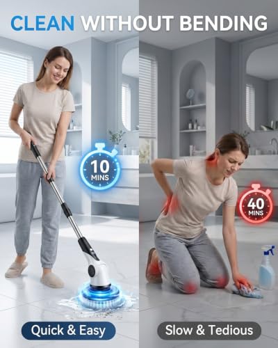 Electric Spin Scrubber, 3-Speed Shower Scrubber with Long Handle & 10 Replaceable Brush Heads, Cordless Shower Cleaner Brush with 90 Mins Runtime & Full-Body IPX7 Waterproof for Bathroom Kitchen