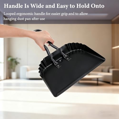 4Pcs Dust Pan and Brush Set, Heavy Duty Metal Dustpan with Wood Broom, Large 12In Black Iron Dust Pans, Handheld Broom for Pet Hair, Car, Patio, Office, Home Cleaning - Rubber Coated Handle