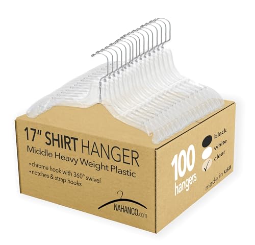 NAHANCO 17” Clear Mid-Heavyweight Plastic Hanger, 100 Pack, Made in USA - color: Clear