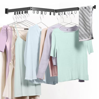 Wall Mounted Clothes Drying Rack, Space-Saving Foldable Clothes Drying Rack, Wall Clothes Hanger with 18 Hooks for Indoor & Outdoor Use in Laundry Room, Bathroom & Balcony