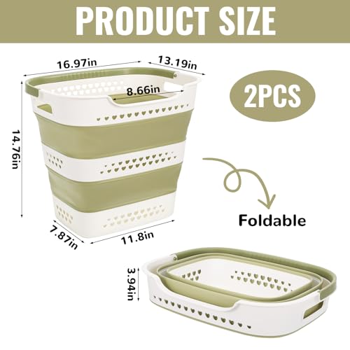 2 Pcs Collapsible Laundry Baskets for Clothes, 43L Plastic Laundry Hamper for Dorm Bedroom, Space Saving Pop-Up Laundry Hamper Container, Durable Foldable Laundry Basket with Handles (Matcha-Green) - color: Matcha-Green