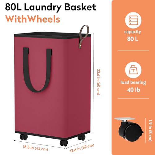 SpaceTrove Rolling Laundry Basket with Wheels, Laundry Hamper, 80L, Red - color: Red, size: 80L