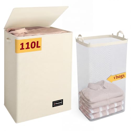 110L Laundry Hamper with Lid, Reinforced Sturdy Large Laundry Hamper with Handle and Lid, Collapsible Clothes Basket Organizer with Removable Liner Bag, Tall Dirty Clothes Bin for Dorm Bedroom - color: Beige, size: 110L