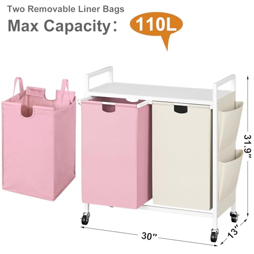 WOWLIVE Double Laundry Hamper with Wheels, Rolling Laundry Basket Organizer - color: White and Pink, size: 110l (30.0 x 13 x 32 Inches)