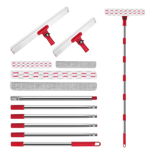 2‑in‑1 Window Squeegee Kit, 86.6" 6‑Section Adjustable Long Handle Window Cleaner with 16" & 12" Rubber‑Blade Squeegee Heads and 4 Microfiber Pads,for Indoor & Outdoor High Glass Window Washing - style: Window Cleaning Kit-2 Blade