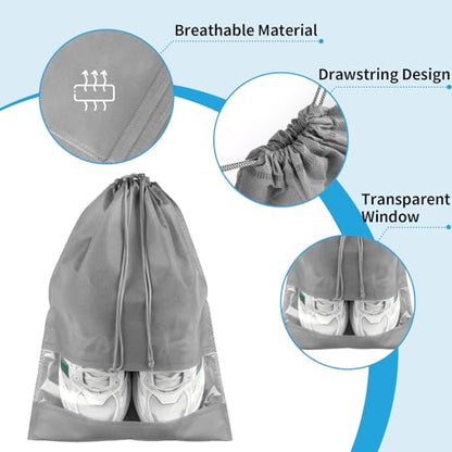 Grey Travel Shoe Bags - 5 Pcs Non-Woven Packing Bags with Clear Window - color: Grey, style: 5 Pack