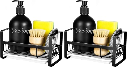 TEZZ Sponge Holder for Kitchen Sink- Stainless Steel Kitchen Sink Caddy for Organizing Sponge, Brush & Soap Dish Dispenser, coutertop Organizer Rack with Adhesive or Counter top, Black (Pack of 2) - color: Black, size: Sponge Holder (Pack of 2)
