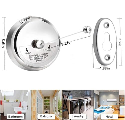 304 Stainless Steel Retractable Clothesline Indoor with 9.2FT Adjustable Nylon Rope, Wall Mounted Retractable Line String Clothes Line for Drying in Hotel, Bathroom, Laundry Outdoor Indoor