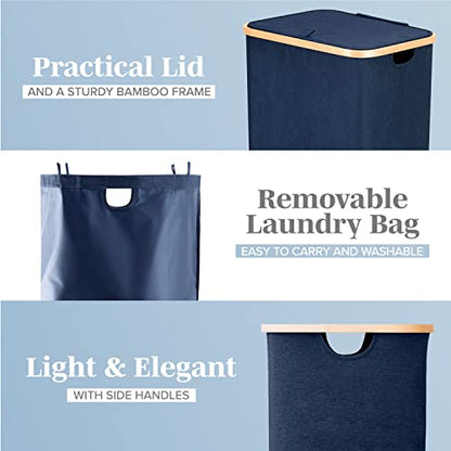 LONBET Laundry Basket with Lid, Made from Breathable Fabric | Aesthetic Clothes Hampers for Laundry with Side Handles & Sturdy Bamboo Frame (26 Gallons - Single, Blue) - color: Blue, style: 26 Gallons - Single