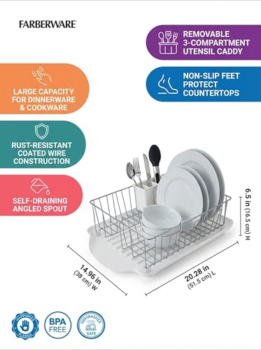 Farberware Classic Large Rust Resistant Full Dishrack with Removable 3 Compartment Flatware Caddy, Andlged Drain Board, 3-Piece, White - color: White