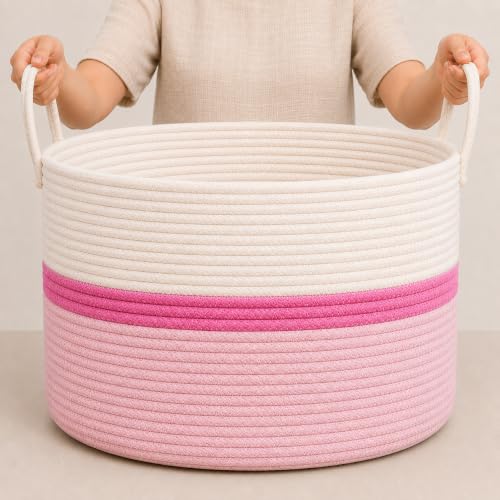OrganiHaus Round Toy Basket & Blanket Basket, Cotton Rope 20x13" - color: Striped Pink, size: Wide