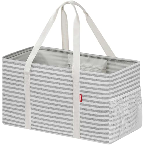 LHZK Standing Extra Large Utility Tote Bag with Metal Wire Frame and the Sides Rinforced, Extra Large Tote Bag with Handle, Reusable Grocery Bags Foldable, Beach Bag, Car Tote (Gray) - color: Gray, size: 22.5''x10.5''x12''-1 Pack
