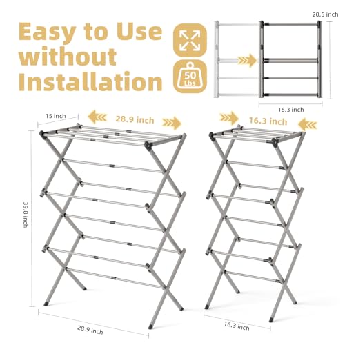BAKON Space Saving Foldable Clothes Drying Rack, Extendable Rustproof Laundry Rack for Indoor Outdoor Use, No Assembly Required, Suitable for Bathroom Laundry Room Apartment RV, Gray - color: Gray