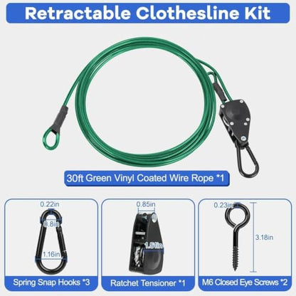 TooTaci Outdoor Clothesline Kit, 30ft 3/16" Green PVC Coated Clothes Cable - size: 30ft