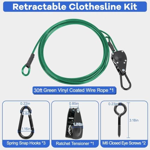 TooTaci Outdoor Clothesline Kit, 30ft 3/16" Green PVC Coated Clothes Cable - size: 30ft