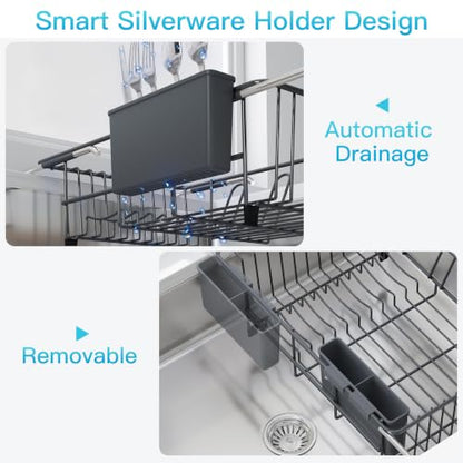 JASIWAY Gray Dish Drying Rack in Sink, Dish Drainer with Utensil Holder - color: Dark Gray, size: For 12"-30"w Sink