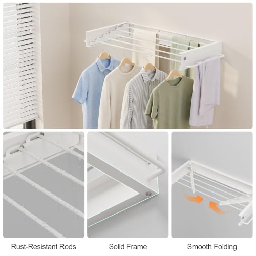 JOOM Wall Mounted Clothes Drying Rack,31.5 Inch Foldable Rack,White,Poles - size: 31.5in-Poles