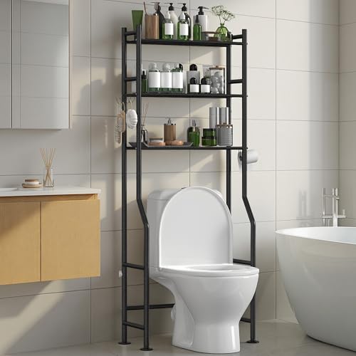 3-Tier Over The Toilet Storage Organizer, Space-Saving Bathroom Rack with Paper Holder & 4 Hooks, 64" Tall Freestanding Carbon Steel Shelf for Small Apartment Laundry Room (Black) - color: B-black