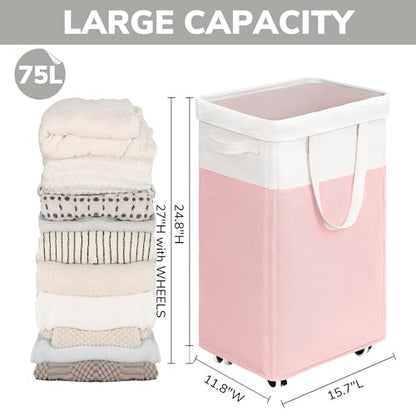 Goodpick 2-Pack Laundry Hamper with Wheels, Dorm Essentials for Girls,75L - color: Pink & White 2-Pack