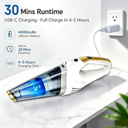 Handheld Vacuum Cordless, Rechargeable Portable Car Vacuum with LED Light