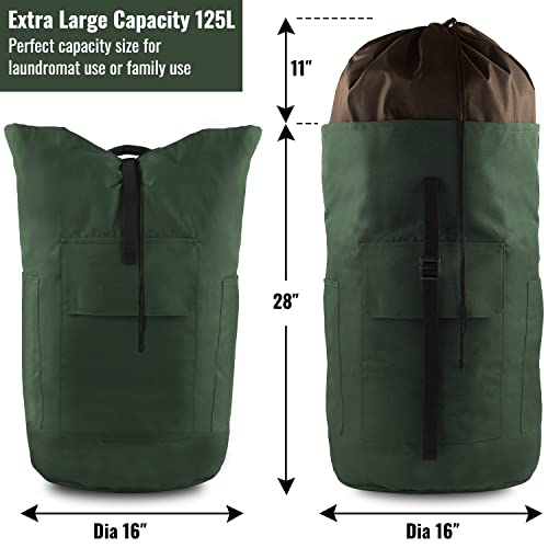 Laundry Bag Backpack 125L Extra Large, Heavy Duty 900D Coated Oxford Fabric, 3 Pockets Durable Travel Laundry Bags with Soft Padded Shoulder Straps for College Dorm, Apartment, Laundromat (Army Green) - color: Army Green