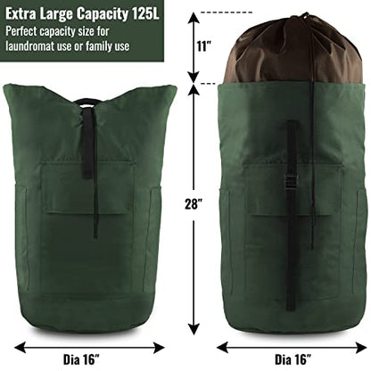 Laundry Bag Backpack 125L Extra Large, Heavy Duty 900D Coated Oxford Fabric, 3 Pockets Durable Travel Laundry Bags with Soft Padded Shoulder Straps for College Dorm, Apartment, Laundromat (Army Green) - color: Army Green
