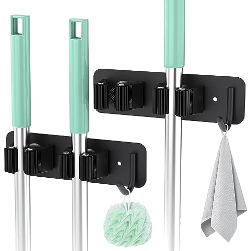 Wall Mounted Mop Holder Stainless Steel Mop and Broom Holder Self Free Brush Holder with Hanger Hook Kitchen Tool Mop Hanger Hook Adjustable Mop Holder Stainless Steel Hooks