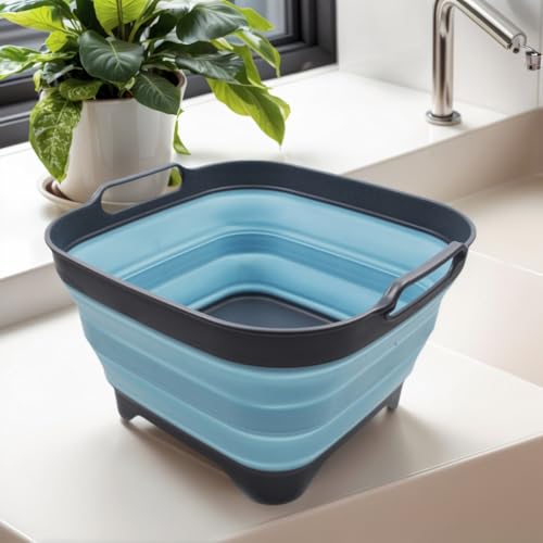 SAMMART 10L (2.64 Gallon) Collapsible Dishpan with Draining Plug - Foldable Washing Basin - Portable Dish Washing Tub - Space Saving Kitchen Storage Tray (1, Grey/Sea Angel) - color: Grey/Sea Angel