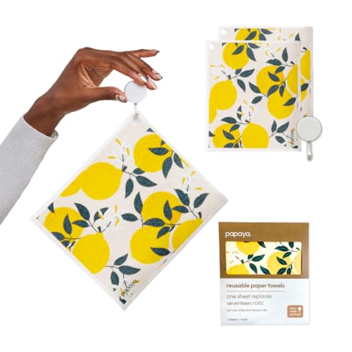 Papaya Swedish Dishcloths for Kitchen, 2 Reusable Paper Towels, 1 Hook - color: Squeeze the Day