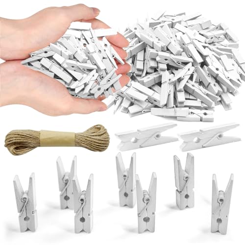 1.35 Inch Mini Clothes Pins for Photo100 Pcs with 32 Feet Jute Twine, Mini Clothes Pins for Crafts, Wooden Small Clothespins for Pictures, Tiny Decorative Clothespins for Baby Shower (White) - color: White