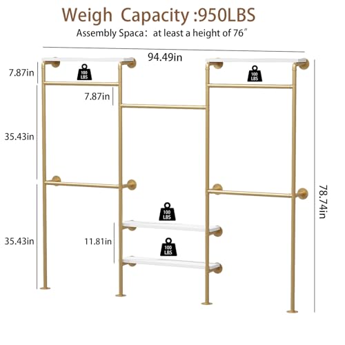 HOMEKAYT Industrial Pipe Clothes Rack with Shelves, Gold Clothing Rack Wall Mounted Heavy Duty Multi-Purpose Storage Clothes Hanging Shelf - 94.5''L Gold - color: gold, size: 94.5''L-B