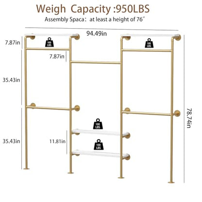 HOMEKAYT Industrial Pipe Clothes Rack with Shelves, Gold Clothing Rack Wall Mounted Heavy Duty Multi-Purpose Storage Clothes Hanging Shelf - 94.5''L Gold - color: gold, size: 94.5''L-B