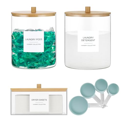 3 Pack Glass Jars and Acrylic Dryer Sheet Holder, Laundry Pods Container with Bamboo Lid and Measuring Cups for Laundry Room Organization, Powder Detergent Containers - color: White