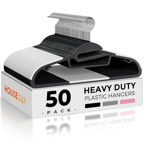 HOUSE DAY Slim Plastic Hangers with Non Slip Rubber Pads, 50 Pack, Black - color: Black + White, size: 50 Pack