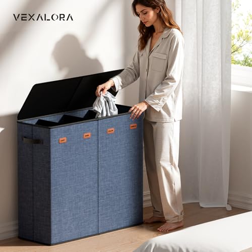 Laundry Hamper 4-Section with Lid, 185L Laundry Sorter with 4 Removable Bags + 1 Extra Large Bag, Switchable 3/4 Compartment, Laundry Basket Organizer for Bedroom, Laundry Room，Navy Bule - color: Navy Bule, size: 48.86 Gal - 4 Section