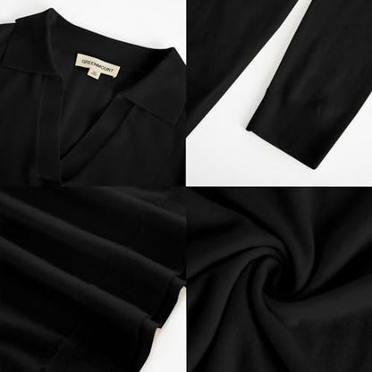 GreenMount Women's Deep V-Polo Casual Loose Cashmere Sweater Pullover Lapel Long Sleeve for Women Keep 37.5° Warm - color: Black(spring/Summer), size: Medium