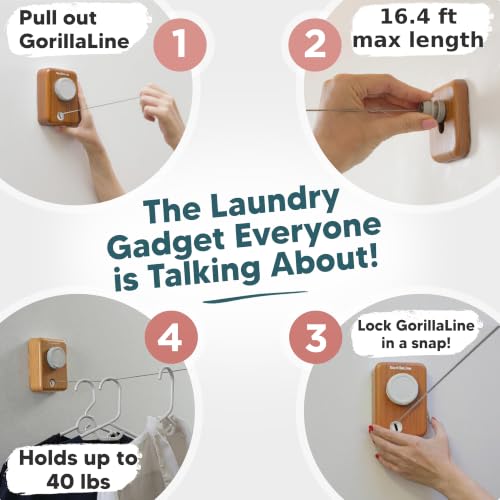 GorillaLine Max – Retractable Clothesline Indoor Outdoor, Non-Sagging Heavy Duty Clothes Drying Line, Wall Mounted Drying Rack, Air Dry Clothing, Max Tighten with GorillaGrip - color: Wood Max